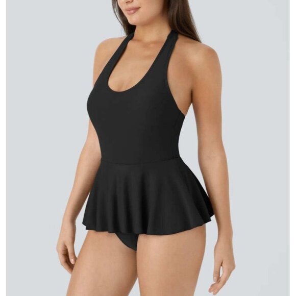 Halara Halter Pleated One Piece Swimsuit Sz Small Womens Black - Picture 7 of 14